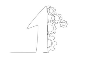 Continuous one line drawing of half arrow and cogwheel gears, workflow for business growth concept, single line design vector illustration.