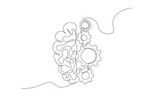 Continuous one line drawing of half brain and cogwheel gears, mechanism of thought, systematic thinking concept, single line design vector illustration.