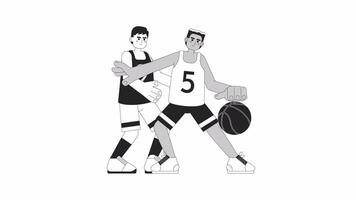 baloncesto jugador regate bw dibujos animados animación. pelota interceptación en juego 4k vídeo movimiento gráfico. defensivo jugador y agresor 2d monocromo línea animado caracteres aislado en blanco antecedentes video