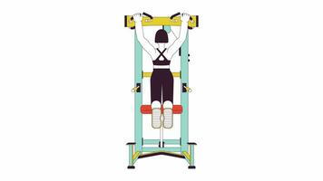 Woman pulling up on pullup machine line cartoon animation. Building strong upper body 4K video motion graphic. Gym girl improving strength 2D linear animated character isolated on white background