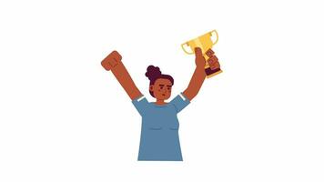 Deportes mujer con trofeo taza 2d personaje animación. celebrando plano dibujos animados 4k video, transparente alfa canal. africano americano hembra atleta participación premio animado persona en blanco antecedentes video