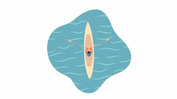 hav kayaker rodd med paddlar 2d karaktär animation. Kajakpaddling fritid aktivitet platt tecknad serie 4k video, transparent alfa kanal. man paddla kanot båt på flod animerad person på vit bakgrund video