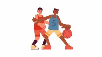 Basketball player dribbling cartoon animation. Ball interception in game 4K video motion graphic. Defensive player and attacker on court 2D color animated characters isolated on white background