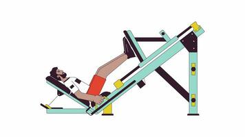 Man pressing forward footplate on machine line cartoon animation. Gym male 4K video motion graphic. African american training gluteus exercise 2D linear animated character isolated on white background