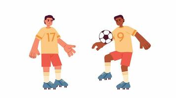 Soccer players practice cartoon animation. Soccer boys teen playing sports 4K video motion graphic. Football athlete kicking ball with knee 2D color animated characters isolated on white background