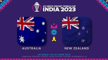 Australia vs nuevo Zelanda partido en icc de los hombres Grillo Copa Mundial India 2023, introducción video, 3d representación video