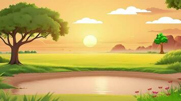 puesta de sol en el campo, dibujos animados, naturaleza, paisaje, naturaleza, paisaje fondo de pantalla video