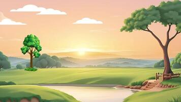 dibujos animados paisaje con arboles y un río a puesta de sol video