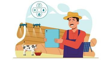 a farmer is holding a tablet computer and looking at it video