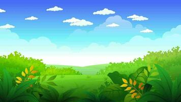 vector illustration of a cartoon landscape with green grass and trees video