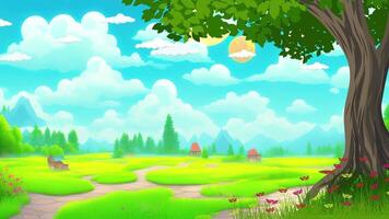 cartoon landscape with trees and grass video