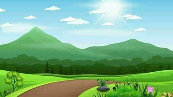 un dibujos animados paisaje con un la carretera y un montaña video