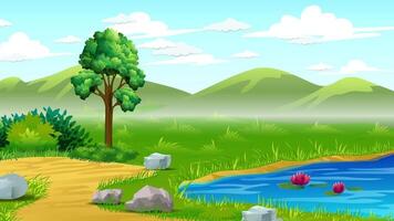 ein schön Landschaft mit ein Teich und ein Fluss Vektor Illustration video