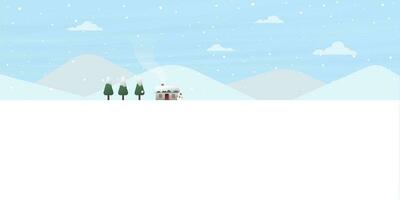 Log cabin, snowman and pines forest have snowfall in snowland flat design vector illustration with blank space. Rural landscape, house and pine trees in winter season.