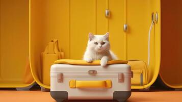 linda blanco gato sentado en el maleta. dulce mullido gatito es Listo a viajar. generado ai. foto