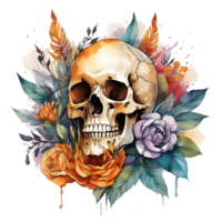 Abstract Watercolor Skull With Flowers, Watercolor Floral Skull Design For Halloween Day, Generative AI png