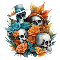 Abstract Watercolor Skull With Flowers, Watercolor Floral Skull Design For Halloween Day, Generative AI png