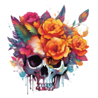 Abstract Watercolor Skull With Flowers, Watercolor Floral Skull Design For Halloween Day, Generative AI png