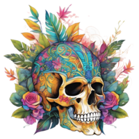 Abstract Watercolor Skull With Flowers, Watercolor Floral Skull Design For Halloween Day, Generative AI png