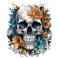 Abstract Watercolor Skull With Flowers, Watercolor Floral Skull Design For Halloween Day, Generative AI png