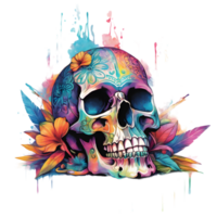 abstrakt Aquarell Schädel mit Blumen, Aquarell Blumen- Schädel Design zum Halloween Tag, generativ ai png