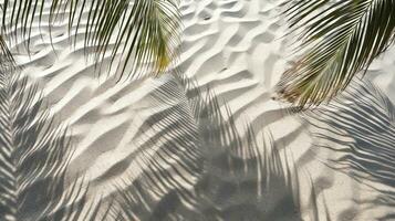 plam hojas en el tropical playa arena antecedentes. vacaciones y relajación concepto con seco palma hojas en el caliente verano playa. generado ai. foto