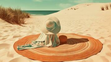 Hat and towel on the sand of the beach. Vacation scene with straw hat on the shore line. Generative AI. photo