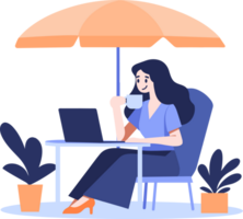 Hand Drawn Female office worker relaxing while drinking coffee in flat style png