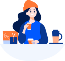 Hand Drawn Female office worker relaxing while drinking coffee in flat style png