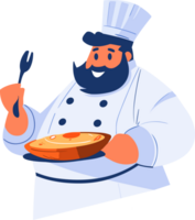 Hand Drawn Overweight chef cooking in the kitchen in flat style png