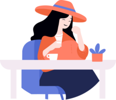 Hand Drawn Female office worker relaxing while drinking coffee in flat style png