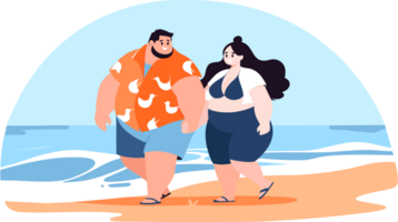 Hand gezeichnet Übergewicht Touristen entspannend durch das Meer auf Ferien im eben Stil png