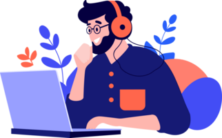 Hand Drawn Office worker with headphones in concept Support Center in flat style png