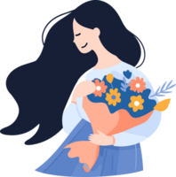 Hand Drawn Woman with flowers in the concept of Woman Day in flat style png