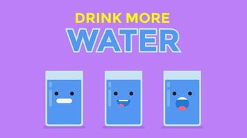 Drink more water text. A funny glasses are filled with water. Animation of the character's emotions. The concept of a healthy life. 4K video