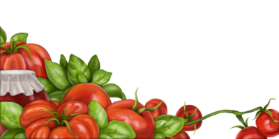 Horizontal rectangular border, frame of red ripe tomatoes of different varieties and green basil leaves. Digital illustration of vegetables. For packaging design, postcards, prints png