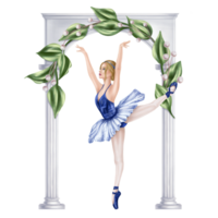 Dancing girl under a garden marble arch entwined with leaves and decorative flowers. Theatrical performance of an elegant ballerina in a blue tutu and pointe shoes. Digital isolated illustration png