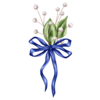 An elegant composition of leaves and dried decorative flowers tied with a blue silk ribbon. Digital illustration. For invitations, date saving, gratitude or greeting card png
