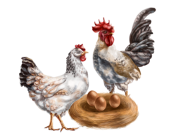 A composition of a white hen and a gray rooster among a nest and chicken eggs. For postcards, textiles, booklets, banners, stickers. Digital illustration png