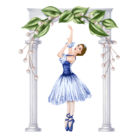 Dancing girl under a garden marble arch entwined with leaves and decorative flowers. Theatrical performance of an elegant ballerina in a blue tutu and pointe shoes. Digital isolated illustration png