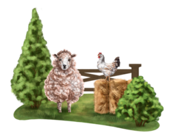 une composition de marron mouton et poulet sur une ensoleillé pâturage parmi vert arbustes, tui et meules de foin. pour cartes postales, textile, livrets, bannières, autocollants. numérique illustration png