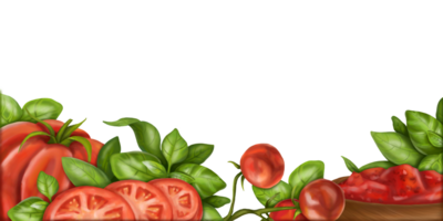 Horizontal rectangular border, frame of red ripe tomatoes of different varieties and green basil leaves. Digital illustration of vegetables. For packaging design, postcards, prints png