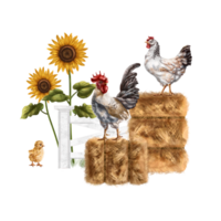 A farmer's composition of stacks of fragrant hay, colorful sunflowers, yellow chicken, chicken and rooster in a meadow. For postcards, textiles, booklets, banners, stickers. Digital illustration png