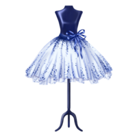 Blue ballet tutu decorated with pebbles and bows. A skirt worn on a mannequin. A theatrical backstage, an atelier, a clothing store, outfit for a fashion show and a masquerade. Digital illustration png