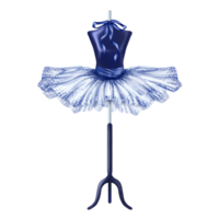 Blue ballet tutu decorated with pebbles and bows. A skirt worn on a mannequin. A theatrical backstage, an atelier, a clothing store, outfit for a fashion show and a masquerade. Digital illustration png