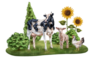 Horizontal composition of cow, lamb and chicken. Farm animals graze in a field with bushes and sunflowers. Digital illustration. Template for design, postcards, posters png