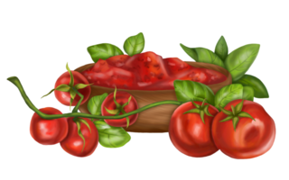 Composition of cup of tomato sauce, ripe red tomatoes, cherry, fresh basil leaves. Healthy food, plants from garden. Farm vegetables, herbs for eco-markets, restaurants. Digital isolated illustration png