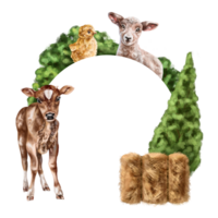 Round composition frame of young farm animals calf, lamb and chicken among bushes and haystacks. For postcards, textiles, booklets, banners, stickers. Digital illustration png