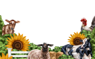 Horizontal frame with a composition of cows, sheep and chickens. Farm animals graze in a field of sunflowers. Digital illustration. Template for design, postcards, posters png