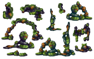 en stor uppsättning av under vattnet stenar med grön alger och orange korall. digital illustration. för kompositioner, grafik, klistermärken, posters png